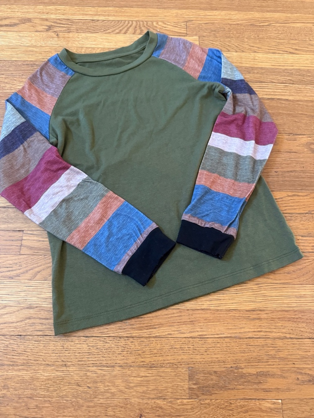 💕3 for $15💕 Kids Long-Sleeve Raglan Shirt - Olive with Multicolor Stripes